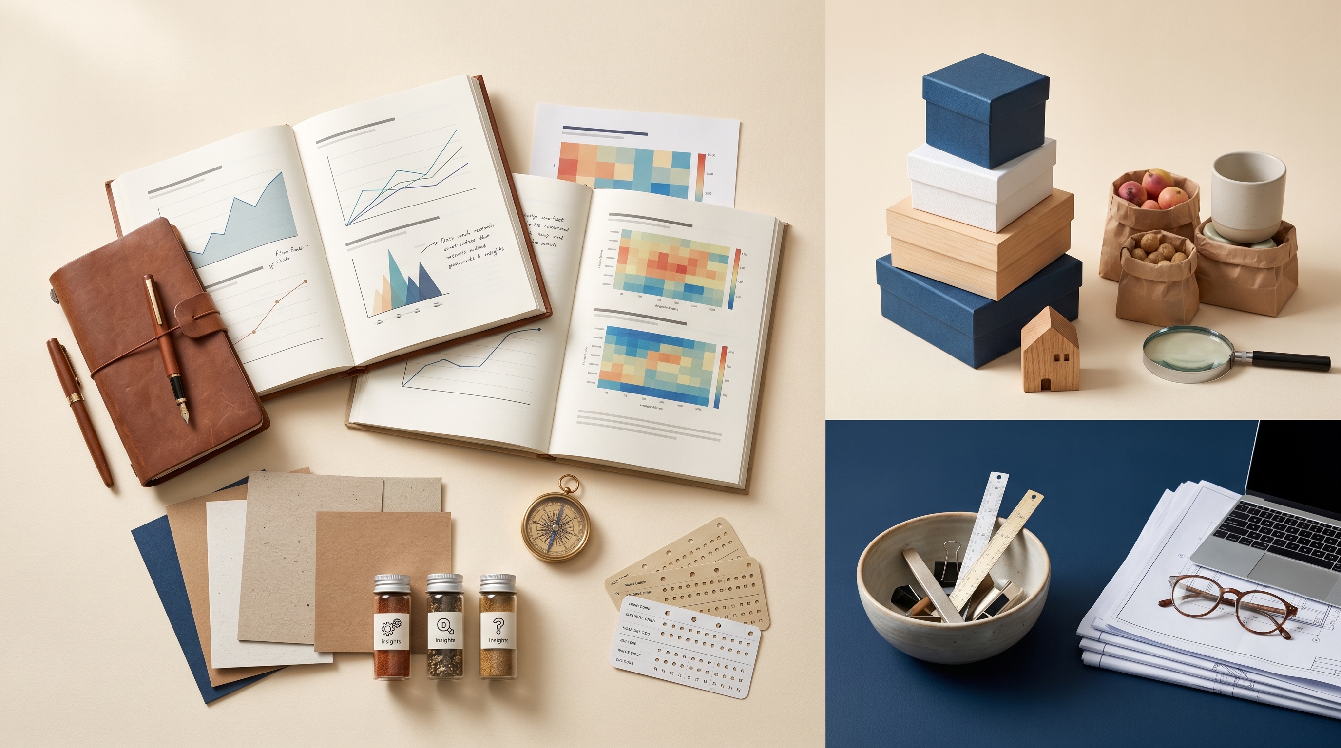 Editorial top-down still life on a warm cream surface — a wood tabletop with neutral research props, papers, and tools that signal shopper insight work, lit by soft directional natural light.
