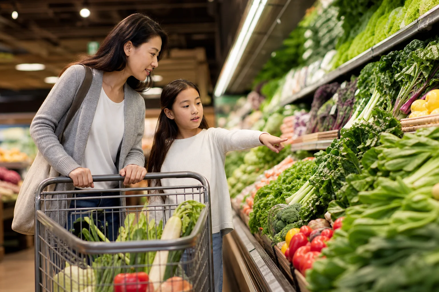 A parent and child consider produce together while shopping.